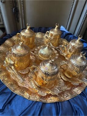 Ornate Gold Turkish Coffee Set - 6 Cup Service, 6 spoons, sugar bowl, tray NWOT